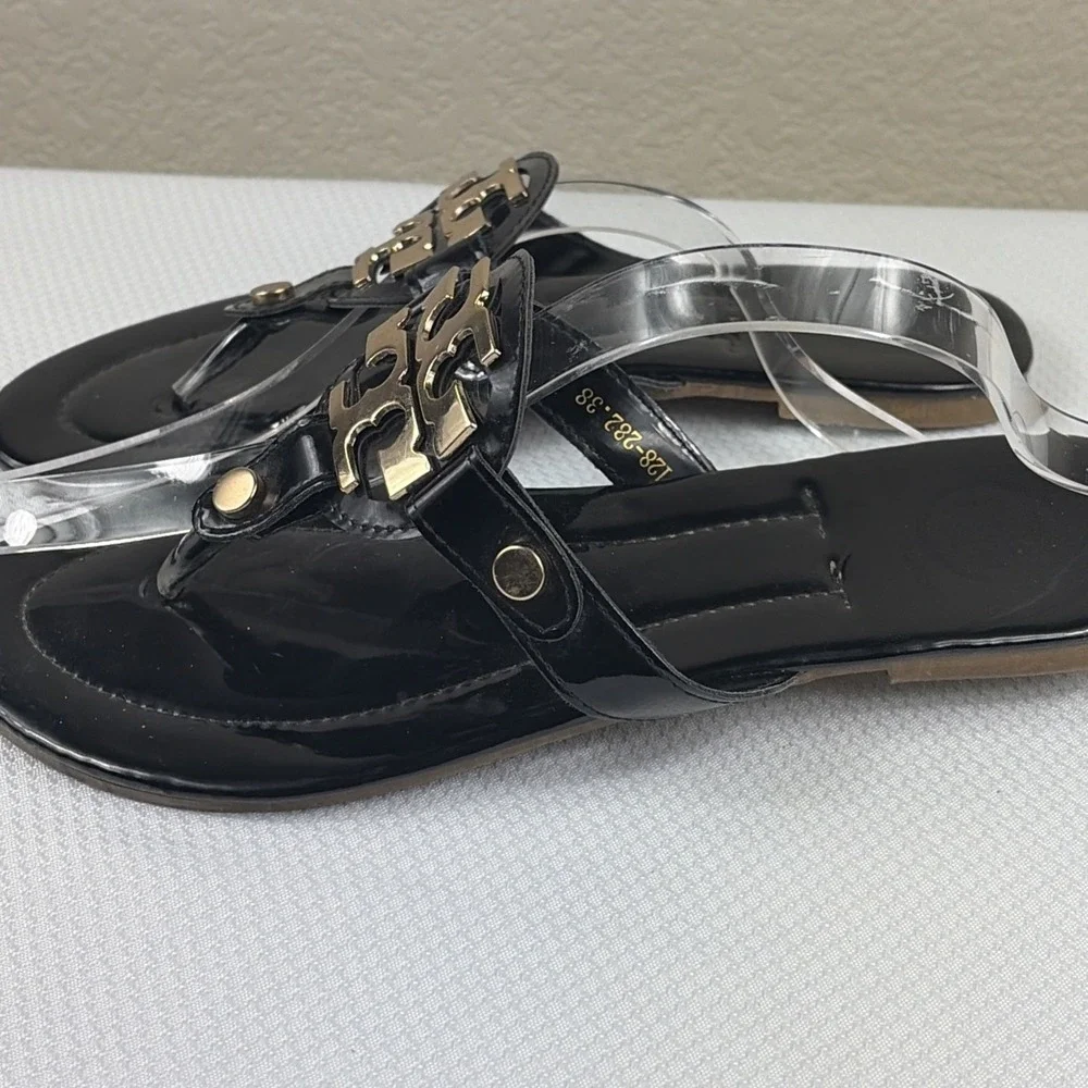 TORY BURCH MILLER SANDAL FLIP FLOP PATENT LEATHER BLACK SIZE 38  Gold‎ T Medal